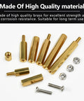 Rock Solid M2.5 Hex Brass Standoff Spacers Nuts Screws Kit 300 Pcs Male Female Thread Mount For Motherboard Computer Builds And Circuit Boards Built To Last showing various brass standoff spacers and screws.