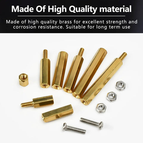 Rock Solid M2.5 Hex Brass Standoff Spacers Nuts Screws Kit 300 Pcs Male Female Thread Mount For Motherboard Computer Builds And Circuit Boards Built To Last showing various brass standoff spacers and screws.