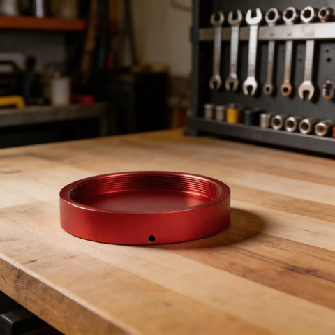 Rugged CNC Anodized Aluminum Telescope Dust Cover With Red Protective Cap for Camera Lenses on a workbench