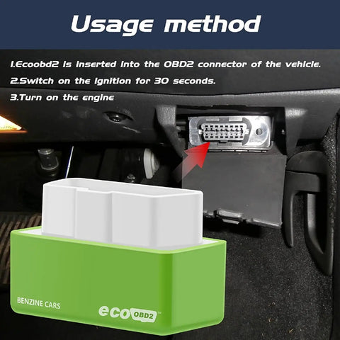 Fuel Saver Pro 4 Pack Plug In And Play Gas Saver Device installed in car OBD2 port under dashboard, close-up view