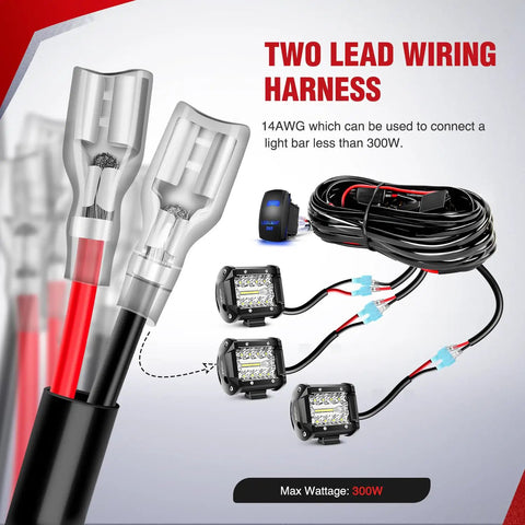 LED Light Bar Wiring Harness Kit Beefed Up Heavy Duty 14 AWG 12V with connectors and wiring for 300W light bars
