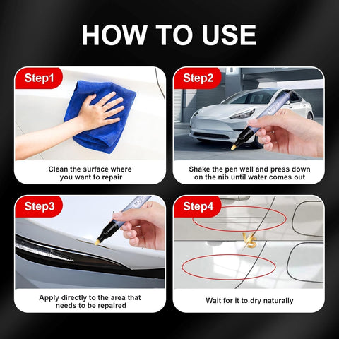 Steps to use All Cars Magic Scratch Repair Pen Kit 2 Pack For Easy Quick Fix Of Car Scratches, showing cleaning, applying, drying.