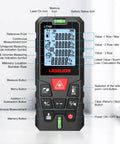 Laser Distance Meter With Dual Bubble Levels, Measures Up To 328 Feet, 4 Unit Conversions, Backlit LCD Display, IP54 Waterproof, Pythagorean Mode For Distance Area And Volume, Ultra Accurate To One Sixteenth Inch, Easy Grip Handheld Tool showing labeled buttons and display