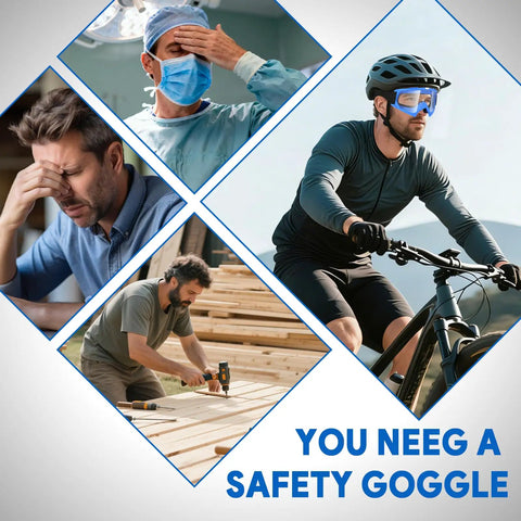 Heavy Duty 2 Pack Tactical Security Eyewear With Quick Snap Lenses For Operating Lawnmowers Dirtbikes ATV Vehicles DIY Workshops And Nerf Match Play Boss Level No Crack Shatter Resistant Sight Guard Shades Blue And Red worn by a cyclist.