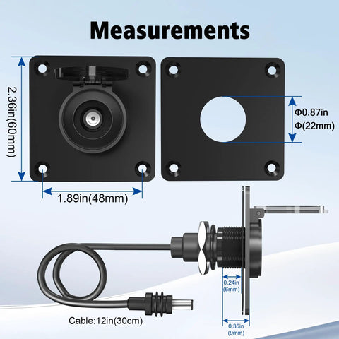 IP67 Waterproof Pass Through Power Port Mount For RVs And Marine Installations, measurements of wall plug kit with 5.5x2.1mm DC connector