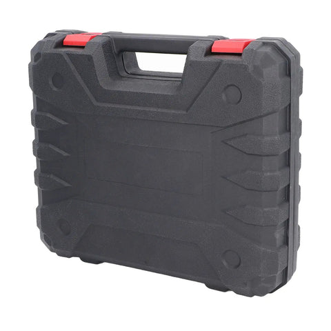 Powerful 21V Cordless Electric Metal Shears case with red latches, designed for portable storage and protection of the tool.