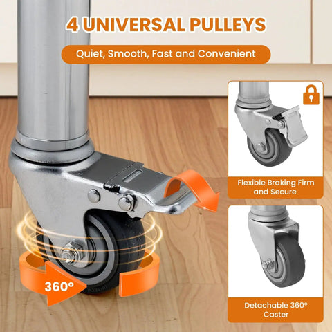 Caster wheel of Mobile 30 By 24 Inch NSF Stainless Steel Workbench With Four Wheels And Hooks, showing braking and 360° rotation.
