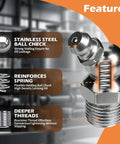 Grease Fittings Assortment Set With SAE And Metric Zerk Fittings 150 Pieces Straight 45 Degree And 90 Degree Fittings Quarter Inch And Eighth Inch M6 M8 M10 Sizes With Fitting Caps For Grease Gun Built For Heavy Duty Equipment in stainless steel with features showing ball check, spring, and threads.