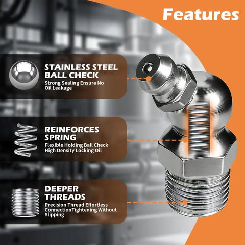 Grease Fittings Assortment Set With SAE And Metric Zerk Fittings 150 Pieces Straight 45 Degree And 90 Degree Fittings Quarter Inch And Eighth Inch M6 M8 M10 Sizes With Fitting Caps For Grease Gun Built For Heavy Duty Equipment in stainless steel with features showing ball check, spring, and threads.