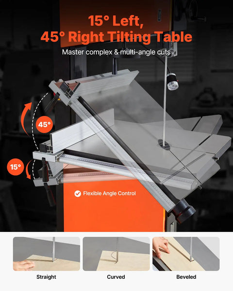 Heavy Duty Woodworking Bandsaw with 3 HP 2240W Motor 18 Inch Cutting Capacity showing 15° left, 45° right tilting table