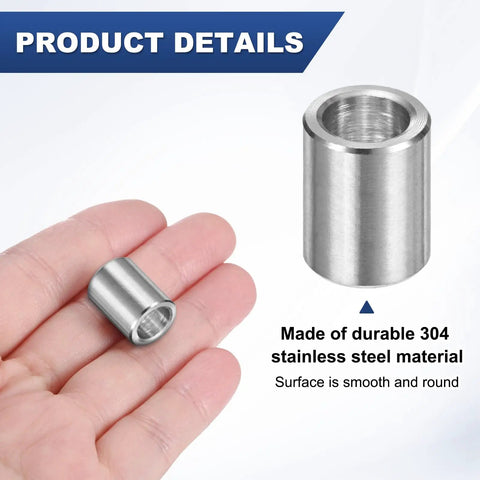 Close-up of 8 Pack M8 304 Stainless Steel Spacers 8mm ID 12mm OD 15mm Length Metal Screw Standoff Bushings Plain Finish in hand