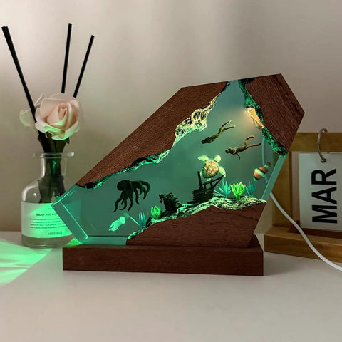 Cool Octopus Resin Lamp With Wooden Base Handcrafted Ocean Night Light RGB Color Changing Ambient Lamp For Bedroom Decor