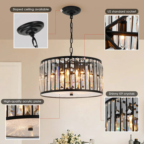 Crystal Drum Chandelier For Dining Room And Kitchen Island, black finish, 16-inch diameter, K9 crystals, diamond-style accents