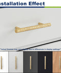 Solid Brass Kitchen Cabinet Pulls Set of 6 in Polished Gold with Hammered T-Bar Handles installed on a cabinet drawer