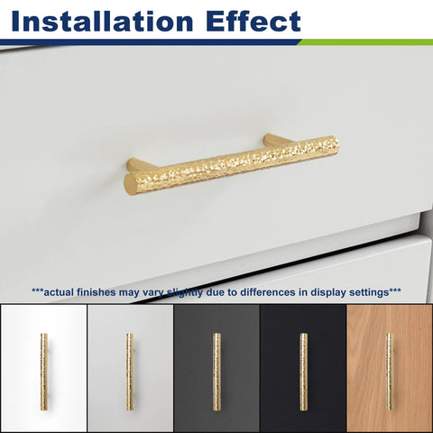 Solid Brass Kitchen Cabinet Pulls Set of 6 in Polished Gold with Hammered T-Bar Handles installed on a cabinet drawer