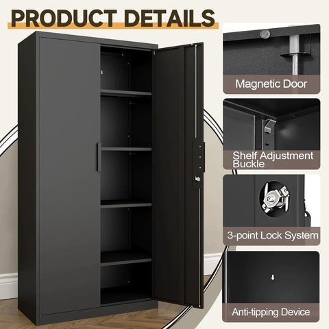 72 Inch Steel Garage Storage Cabinet With Locking Doors, 4 Shelves, Heavy Duty All Steel Construction, open to show features