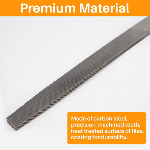 6-inch flat cut file with double-cut teeth, carbon steel, no handle; used for shaping metal and wood.