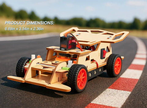 STEM Kits For Kids 8 To 12 Remote Control Car Build Kit With Wooden 3D Puzzles on a track, dimensions 6.69in x 3.54in x 2.36in