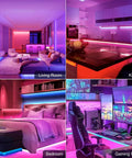 Smart LED Strip Lights 16.4ft RGB With Alexa Voice Control, vibrant colors in living room, kitchen, bedroom, and gaming room.