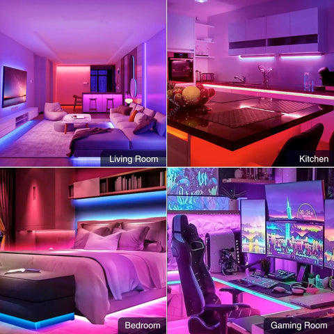 Smart LED Strip Lights 16.4ft RGB With Alexa Voice Control, vibrant colors in living room, kitchen, bedroom, and gaming room.