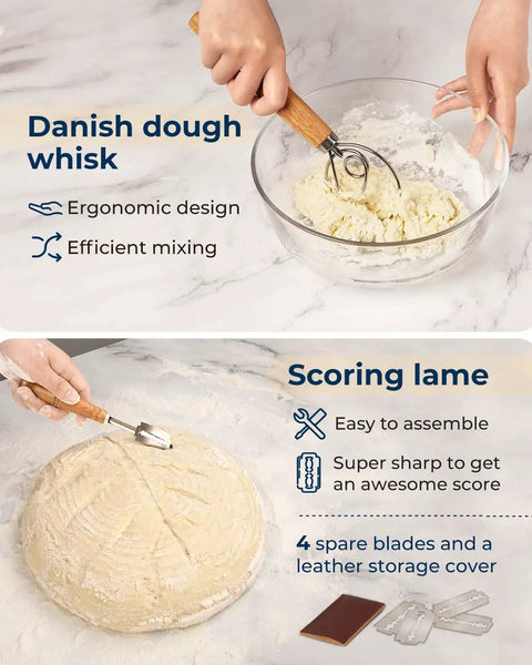 Hands holding Danish dough whisk and scoring lame for All-In-One Sourdough Starter Kit With Silicone Proofing Baskets And Jar.