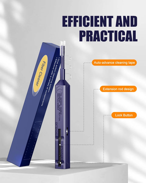 VANDESAIL LC fiber cleaner pen with blue body and transparent tip, shown beside its blue packaging box