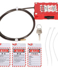 Adjustable Cable Lock Padlock with Built-In Cable, rustproof and heavy-duty, shown with tags, key, and zip ties for security applications.