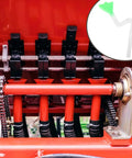 Seed Distribution Tube For Corn Planters, Adjustable Length Up To 12.6 Inches installed in machinery, close-up of red tubing