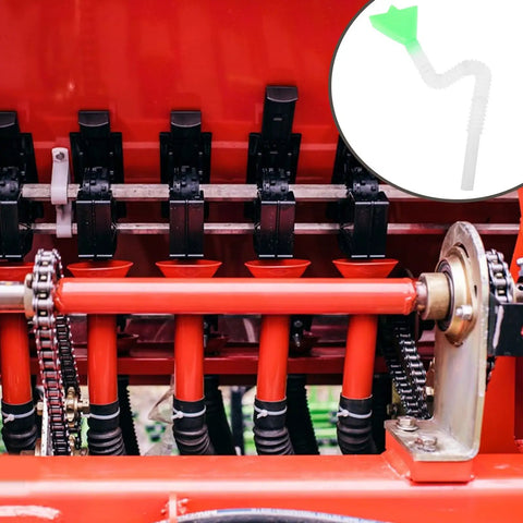 Seed Distribution Tube For Corn Planters, Adjustable Length Up To 12.6 Inches installed in machinery, close-up of red tubing