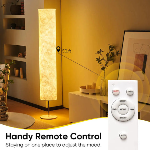 58 Inch Modern Floor Lamp With Tyvek Shade Warm White LED 3000K in living room with remote control, marble textured white shade