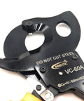 Close-up of Ratcheting Cable Cutter for Copper and Aluminum Wire, with markings for 60mm cables and compact one-hand operation.