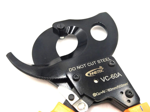 Close-up of Ratcheting Cable Cutter for Copper and Aluminum Wire, with markings for 60mm cables and compact one-hand operation.