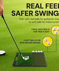 Golfer using All-In-One Golf Practice Net Set with dual mats, 3 real balls, 2 soft balls for indoor and outdoor practice.