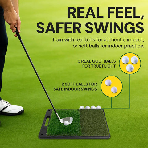 Golfer using All-In-One Golf Practice Net Set with dual mats, 3 real balls, 2 soft balls for indoor and outdoor practice.