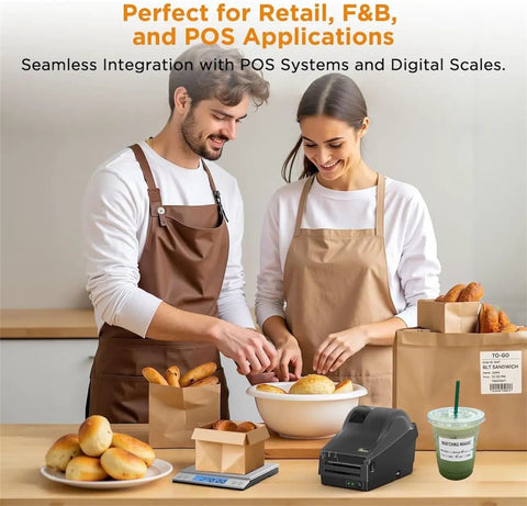 Direct Thermal Label Printer 2 Inch Wide For Barcode Stickers And QR Codes Drop Dead Easy Setup For Retail Pos And Warehouse in a bakery setting.