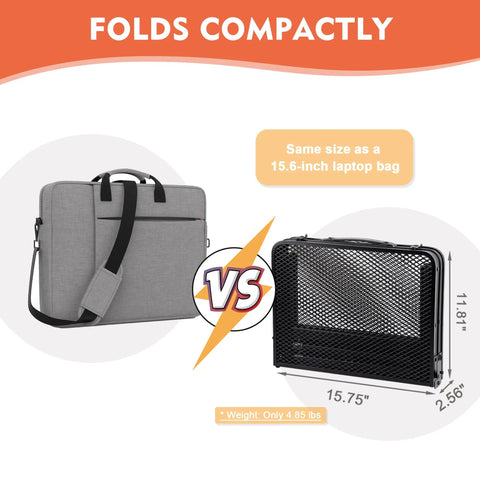 Lightweight Mesh Camping Table With Adjustable Height folded next to laptop bag for size comparison, showing portability.