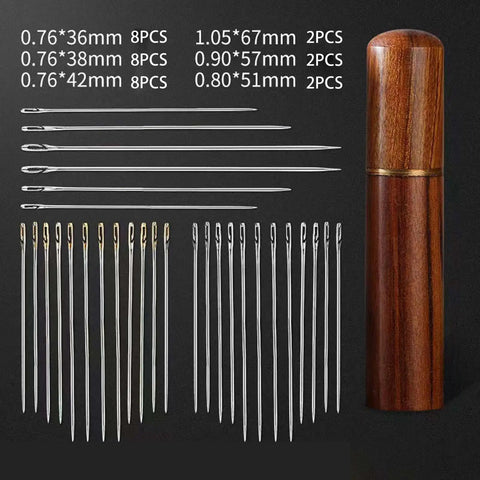 Self Threading Hand Sewing Needles Set In Wooden Case 30 Piece Assorted Embroidery Tools For Easy Stitching Handy For Beginners And Seniors Convenient Storage Kit, wooden case with assorted needle sizes