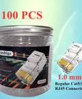 100 Pack Cat5e RJ45 Connectors Ends For Solid Wire And Standard Ethernet Cable Unshielded Not Pass Through With Handy Storage Case
