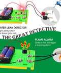 Cool Hands On Electric Science Kit For Kids With 12 Power Missions STEM Lab Includes Electricity And Electronics Experiments Energy Exploration Toy circuit board showing water leak detector and flame alarm features