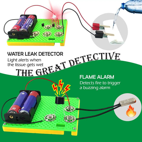 Cool Hands On Electric Science Kit For Kids With 12 Power Missions STEM Lab Includes Electricity And Electronics Experiments Energy Exploration Toy circuit board showing water leak detector and flame alarm features