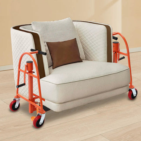 Heavy Duty Furniture And Crate Mover With Swivel Casters For Easy Hauling, moving a beige armchair, carbon steel construction