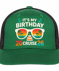 Birthday Cruise 2026 Mens Humor Trucker Hat Green For Running And Golf With Anti Sweat Band front view.