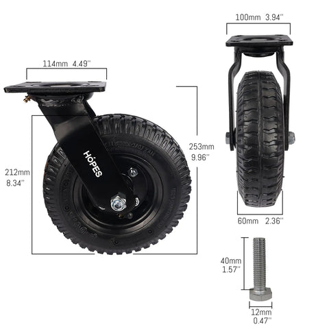 Built Tough 8 Inch Heavy Duty Pneumatic Casters Set Of Four With Two Swivel And Two Rigid Wheels showcasing dimensions and design features.