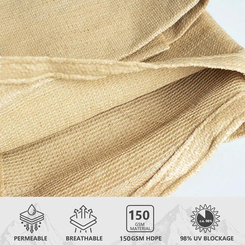 Close-up of Sand Yellow 12x15ft Sun Shade Sail fabric showing HDPE material with UV protection and permeability features.