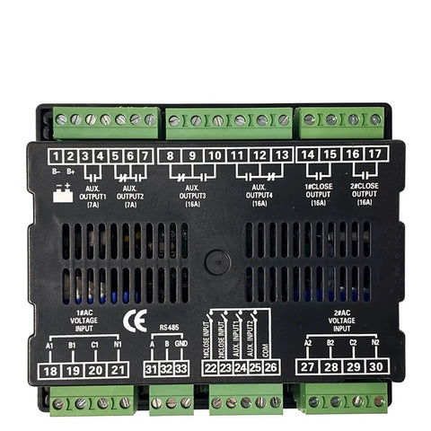 LCD ATS Intelligent Controller Module For Genset Panel, front view with terminal labels and screw connectors