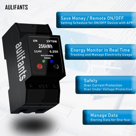 WiFi Energy Monitor Watt Meter With Breaker Switch And Phone App Remote Control displayed with monitoring features.