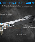 37 In 1 Mini Ratchet Wrench Screwdriver Bit Set In S2 Steel With 1 Quarter Inch Hex Shank Grab And Go Kit, showing magnetic bit holder and 36-teeth gear.