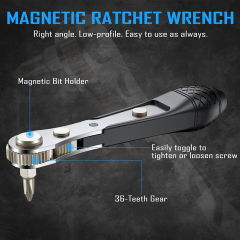 37 In 1 Mini Ratchet Wrench Screwdriver Bit Set In S2 Steel With 1 Quarter Inch Hex Shank Grab And Go Kit, showing magnetic bit holder and 36-teeth gear.
