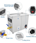 Slick Portable Ultrasonic Cleaner For Rings Watches And Glasses, features 304 stainless steel construction, drain valve, and power socket.