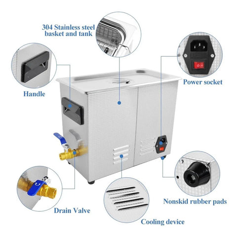 Slick Portable Ultrasonic Cleaner For Rings Watches And Glasses, features 304 stainless steel construction, drain valve, and power socket.